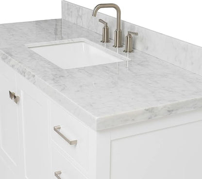 ARIEL Cambridge 54-inch Bathroom Vanity with Sink,Solid Wood, 1.5-inch Pure White Quartz Countertop & Backsplash, Single Rectangular Porcelain Sink, 2 Soft Closing Doors, 9 Dovetail Drawers, White