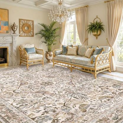 Vintage Moss Green 8x10 Washable Area Rugs for Living Room - Soft Floral Rug for Bedroom, Dining Room, Light Brown Taupe Low Pile Stain Resistant Bird Floral Bird Carpet