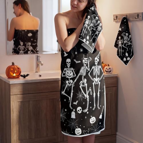 Moukeren Set of 3 Halloween Bathroom Towels Gothic Skull Bath Towel Hand Towels and Washcloth Soft Spooky Black White Decorative Towel Housewarming Gifts for Farmhouse Bathroom Kitchen
