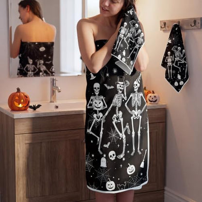 Moukeren Set of 3 Halloween Bathroom Towels Gothic Skull Bath Towel Hand Towels and Washcloth Soft Spooky Black White Decorative Towel Housewarming Gifts for Farmhouse Bathroom Kitchen