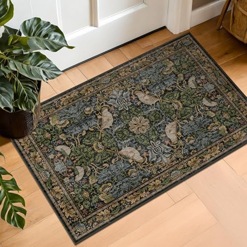 Hazo Haus Washable Dark Vintage Floral Rugs for Entryway - Small 2x3 Washable Rug for Kitchen Bathroom Door Mat Indoor Entrance with Bird & Botanical Pattern, Brown Earthy Tones, Non Slip Low Pile
