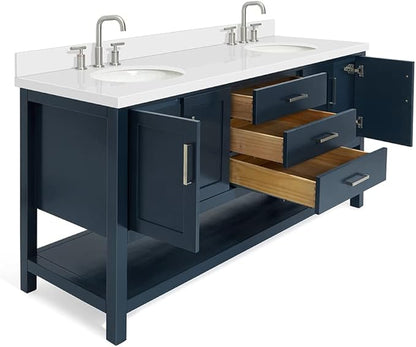 ARIEL Magnolia 72-inch Bathroom Vanity with Sink,Solid Wood, 1.5-inch Pure White Quartz Countertop & Backsplash, Double Oval Porcelain Sink, 4 Soft Closing Doors, 3 Dovetail Drawers, Midnight Blue