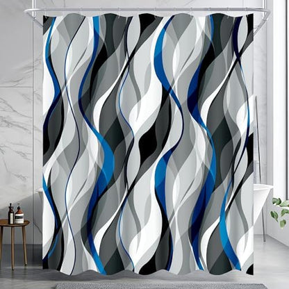 weesire Blue and Grey Shower Curtain for Bathroom Blue and Black Shower Curtain Fabric Modern Abstract Striped Minimalist Bath Curtains Waterproof Shower Curtains Set, Black Gray Blue, 72 x 72 Inch
