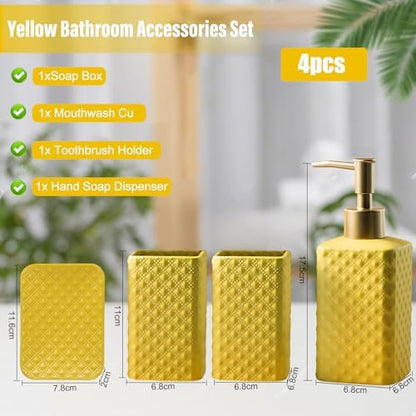 Jessie Bathroom Accessories Set, 3 or 4-Piece Ceramic Bathroom Accessory Set,Soap Dispenser,Toothbrush Holders Set,Tumbler,Soap Dish Embossed Matte Bathroom for Modern Bathrooms (Yellow 4-Piece Suit)