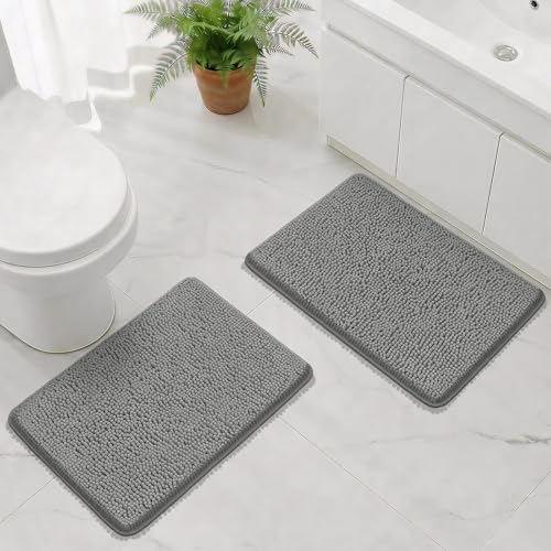 Bcoimo Bath Rug Mat Sets, 2 Piece Extra Soft Chenille Gray Bathroom Mat Set