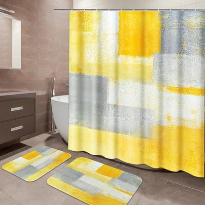 ArtSocket Bathroom Set, Shower Curtain and Bath Rugs Yellow Grey