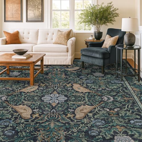 Cottagecore 10x12 Area Blue Rug for Living Room - Floral & Bird Soft Rugs for Bedroom, Washable Carpet for Dining Room Under Table, Vintage Olive Indoor Aesthetic Décor, Low Pile Stain Resistant