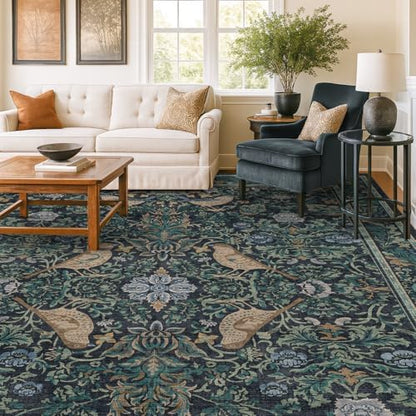 Cottagecore 10x12 Area Blue Rug for Living Room - Floral & Bird Soft Rugs for Bedroom, Washable Carpet for Dining Room Under Table, Vintage Olive Indoor Aesthetic Décor, Low Pile Stain Resistant