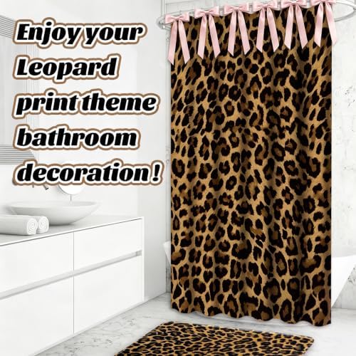 AnyDesign 28 Pcs Leopard Shower Curtain Set with Non-Slip Bath Mat U-Shaped Rug Toilet Lid Cover Cheetah Print Shower Curtain with Hooks and Pink Ribbons for Bathroom Accessories & Decor