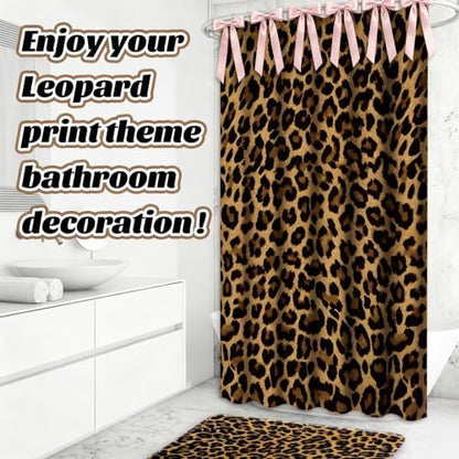 AnyDesign 28 Pcs Leopard Shower Curtain Set with Non-Slip Bath Mat U-Shaped Rug Toilet Lid Cover Cheetah Print Shower Curtain with Hooks and Pink Ribbons for Bathroom Accessories & Decor