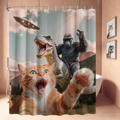 Funny Cat Riding Dinosaur Shower Curtain UFO, 70x72 Inch