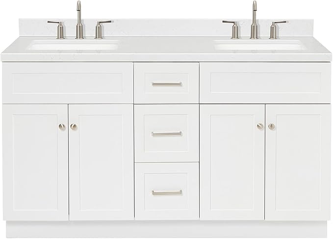 ARIEL Hamlet 60-inch Bathroom Vanity with Sink,Solid Wood, 1.5-inch Carrara White Quartz Countertop & Backsplash, Double Rectangular Porcelain Sink, 4 Soft Closing Doors, 3 Dovetail Drawers, White