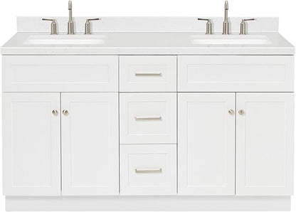 ARIEL Hamlet 60-inch Bathroom Vanity with Sink,Solid Wood, 1.5-inch Carrara White Quartz Countertop & Backsplash, Double Rectangular Porcelain Sink, 4 Soft Closing Doors, 3 Dovetail Drawers, White