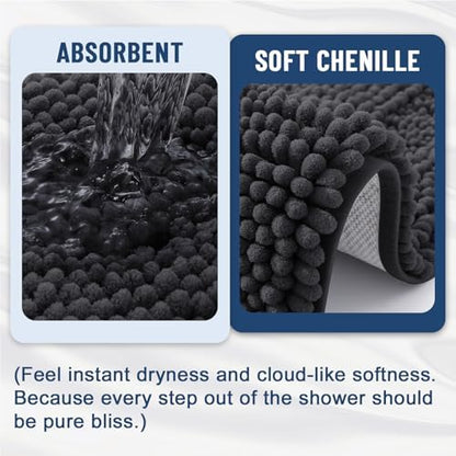 Grandaily Chenille Striped Bathroom Rugs 47x32, Extra Thick and Soft Absorbent Bath Mats, Rubber Backing, Plush Shaggy Shower Carpet, Machine Wash Dry, Bath Rug for Bathroom, Charcoal