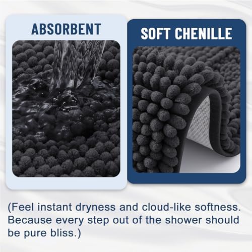 Grandaily Chenille Striped Bathroom Rugs 59x35, Extra Thick and Soft Absorbent Bath Mats, Rubber Backing, Plush Shaggy Shower Carpet, Machine Wash Dry, Bath Rug for Bathroom, Charcoal