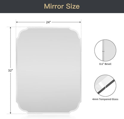 Beveled Frameless Bathroom Mirror with Scalloped Edges, 24" x 32" Rectangle Beveled Mirrors, Vanity Bathroom Mirror for Over Sink, Fireplace, Entryway, Restroom