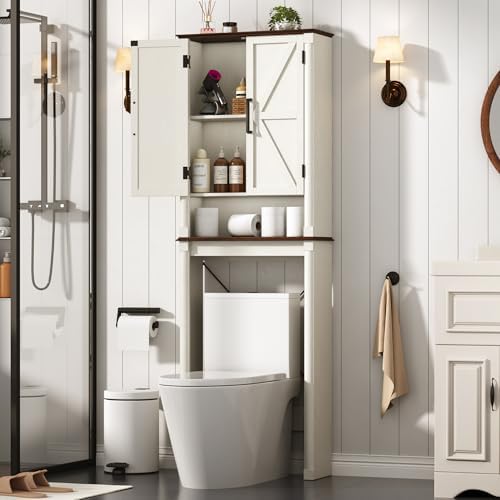 jiteentarou Farmhouse Bathroom Storage Cabinet,Over The Toilet Storage Cabinet with Roman Column Decor,Tall Over The Toilet Shelf with Barn Doors,Over Toilet Bathroom Organizer(Rustic White)