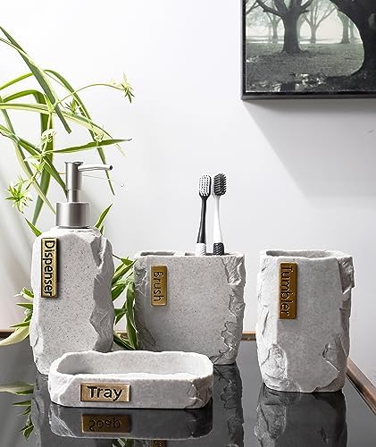 Hymmah Bathroom Accessories Set,Marble Design Toothbrush Holder,Farmhouse Bathroom Decor,4 Pcs Resin Gift Set Apartment Necessities, Contain Toothbrush Cup,Soap Dispenser,Soap Dish,Tumbler