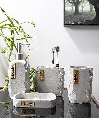 Hymmah Bathroom Accessories Set,Marble Design Toothbrush Holder,Farmhouse Bathroom Decor,4 Pcs Resin Gift Set Apartment Necessities, Contain Toothbrush Cup,Soap Dispenser,Soap Dish,Tumbler