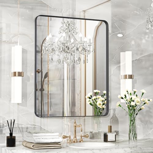 Fun Memories Black Bathroom Mirror 24x30 Inch Bathroom Vanity, Metal Black Frame Large Mirror, Modern Wall Mirror for Bathroom, Tempered Glass, Farmhouse, Horizontally or Vertically