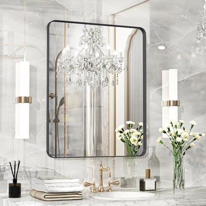 Fun Memories Black Bathroom Mirror 24x30 Inch Bathroom Vanity, Metal Black Frame Large Mirror, Modern Wall Mirror for Bathroom, Tempered Glass, Farmhouse, Horizontally or Vertically