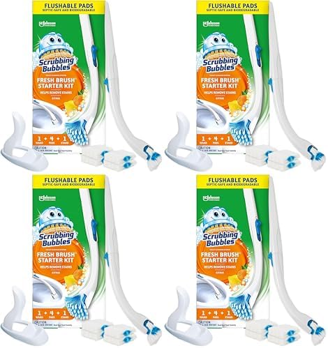 Scrubbing Bubbles Toilet Bowl Brush and Holder with Cleaner Refill Pads, Fresh Brush Toilet Wand Starter Kit, Cleans Limescale & Fights Odors, Citrus Scent, 1 Wand + 4 Refills + 1 Stand (Pack of 4)