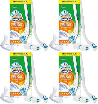 Scrubbing Bubbles Toilet Bowl Brush and Holder with Cleaner Refill Pads, Fresh Brush Toilet Wand Starter Kit, Cleans Limescale & Fights Odors, Citrus Scent, 1 Wand + 4 Refills + 1 Stand (Pack of 4)