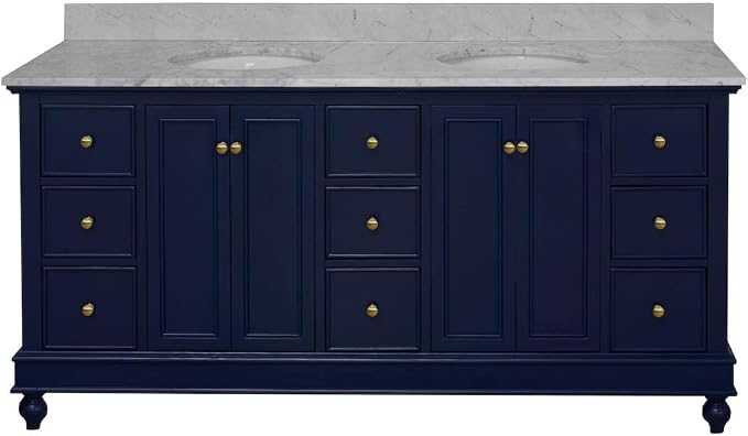 Bella 72-inch Double Bathroom Vanity (Carrara/Royal Blue): Includes Royal Blue Cabinet with Authentic Italian Carrara Marble Countertop and White Ceramic Sinks