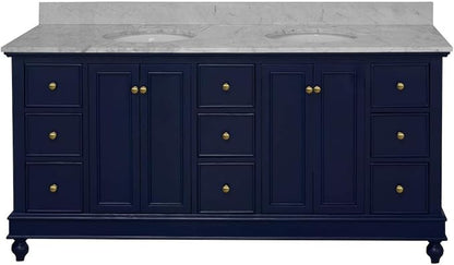 Bella 72-inch Double Bathroom Vanity (Carrara/Royal Blue): Includes Royal Blue Cabinet with Authentic Italian Carrara Marble Countertop and White Ceramic Sinks