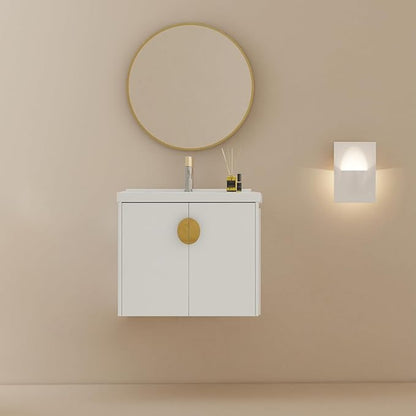 24inch Wall Mount Bathroom Vanity w/Sink Combo for Small Space, Ceramic Countertop Double Doors Modern Bathroom Vanity Cabinet, Floating White Bathroom Vanity and Sink Set w/Gold Handle
