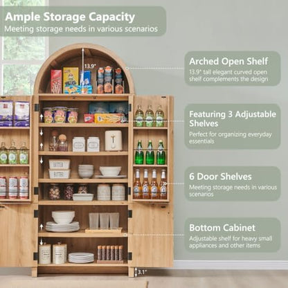 IFGET 71" Tall Arched Kitchen Pantry, Modern Fluted Storage Cabinet,Natural