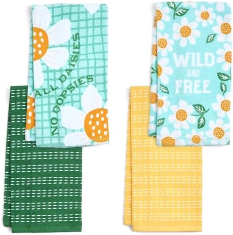 Ritz 4-Piece Kitchen Towel Set, All Daisies & Wild and Free Floral Prints with Pine Green & Yellow Textured Terry, 100% Cotton & Absorbent Blend, 16" x 26", Boho Spring Daisy Kitchen Decor