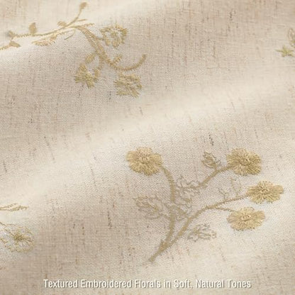 Beige Floral Vintage Linen Shower Curtain Embroidered Textured 72Wx72H