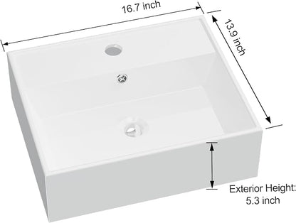 Floating Bathroom Vessel Sink Wall Mount, Hugsleek 16 x 13 inch Rectangle White Porcelain Ceramic Vessel Sink Wall Mounted Hang Bath Sink Bowl Basin Lavatory Vanity Restroom With Faucet Hole Overflow