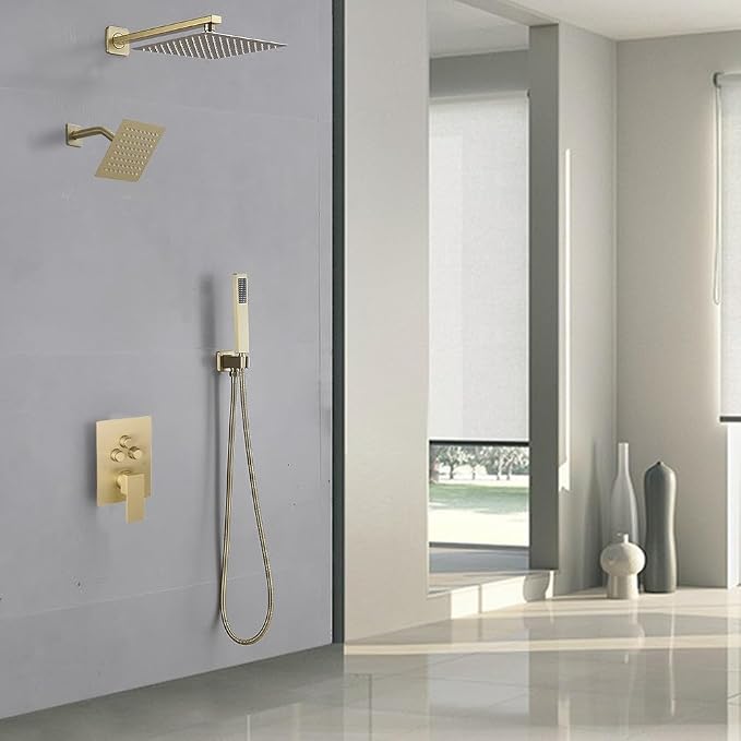 Shower Faucet Set Brushed Gold 12 Inch Wall Mount Rainfall Shower System with 2 Rain Shower Head and Handheld Head Push Button Diverter Shower Trim Kit and Rough-in Valve Body