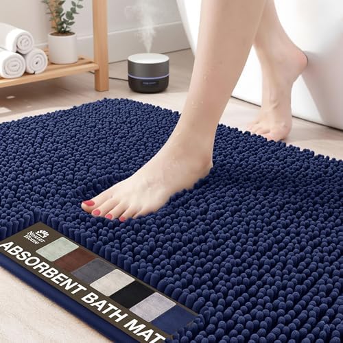 Neater Home Plush Bathroom Rugs 24x17 Thick Chenille Quick Dry Microfiber Absorbent Bath Mat, Soft Bath Rugs, Machine Washable Bathroom Floor Mat for Tub Shower Sink, Home Decor Accessories, Navy