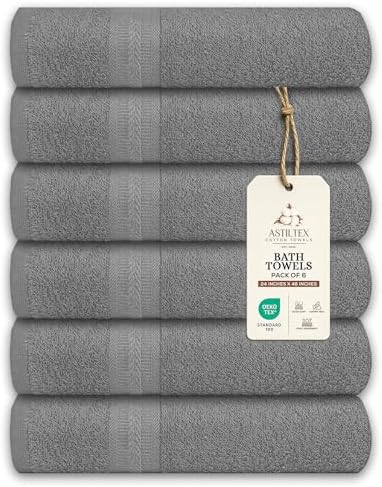 Bath Towels Pack of 6 – 24" x 48" – 100% Cotton Terry, Soft, Quick-Dry & Highly Absorbent – Light Grey Towels for Bathroom, Spa, Gym, Hotel, Pool & Everyday Use