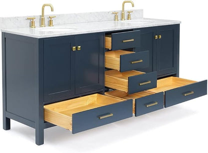 ARIEL Cambridge 72-inch Bathroom Vanity with Sink,Solid Wood, 0.75-inch Italian Carrara Marble Countertop, Double Oval Porcelain Sink, 4 Soft Closing Doors, 6 Dovetail Drawers, Midnight Blue