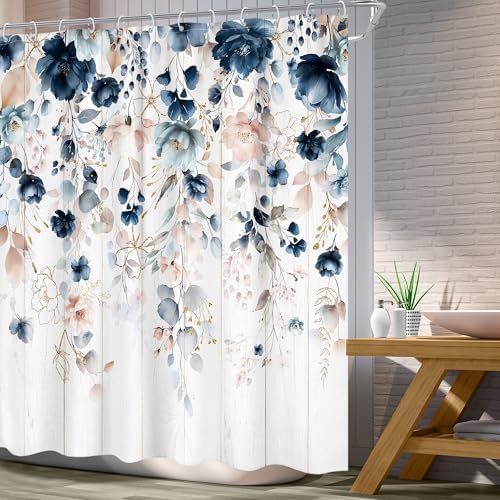 Rustic Floral Spring Summer Blue Pink Bathroom Shower Curtain Set