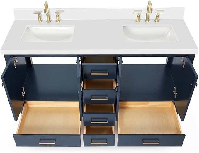 DKB Beckford 60-Inch Midnight Blue Double Bathroom Vanity, 1.5-Inch Edge Pure White Quartz Countertop & Splash, Rectangular Sinks, 4 Soft Closing Doors, 6 Full-Extension Dovetail Drawers, Satin Brass