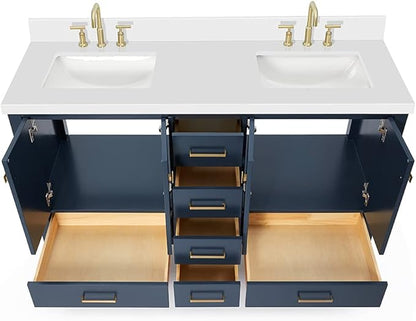 ARIEL Cambridge 60-inch Bathroom Vanity with Sink,Solid Wood, 1.5-inch Pure White Quartz Countertop, Double Rectangular Porcelain Sink, 4 Soft Closing Doors, 6 Dovetail Drawers, Midnight Blue