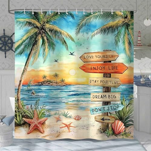 Beach Shower Curtain for Bathroom,Tropical Palm Tree Coastal Nautical Ocean Quotes Inspirational, Sunset Scenery Shower Curtain Set with Hooks,60Wx70H