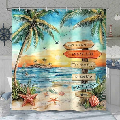 Beach Shower Curtain for Bathroom,Tropical Palm Tree Coastal Nautical Ocean Quotes Inspirational, Sunset Scenery Shower Curtain Set with Hooks,60Wx70H