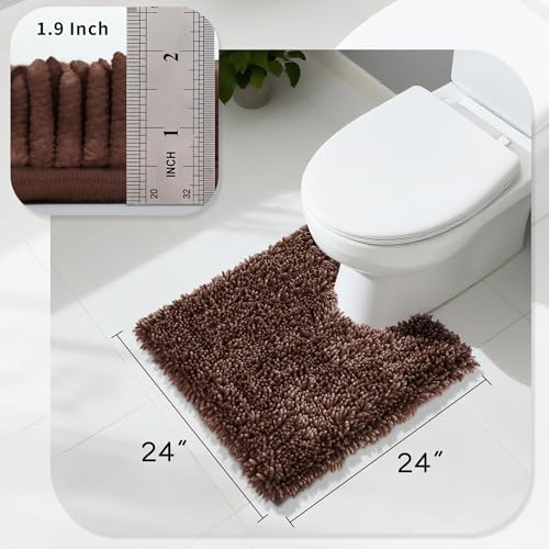Yimobra Toilet Rugs U Shaped Washable, Extra Thick Soft Absorbent Chenille Contour Bathroom Rugs for Toilet 24x24 Inch, Quick Dry Non Slip Toilet Mat for Bath Floor, Brown