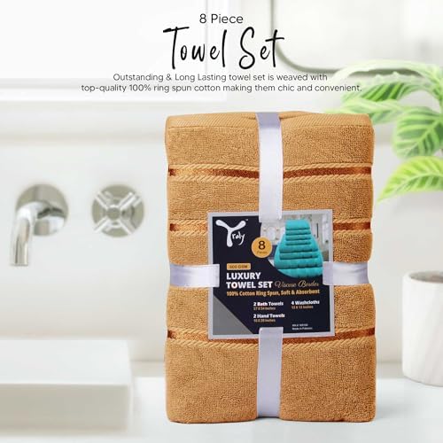 Luxury Towels for Bathroom Set of 8-2 Bath Towels 2 Hand Towels 4 Washcloths - 600 GSM 100% Cotton Ring Spun Viscose Border Towels Set - Beige