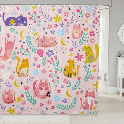 Feelyou Kids Funny Cats Shower Curtain Girls Cute Flower Cartoon Kitty Kitten Bathroom Waterproof Accessories with 12 Hooks 72x84 Inches Animal Theme Girly Kawaii Room Pink Decor
