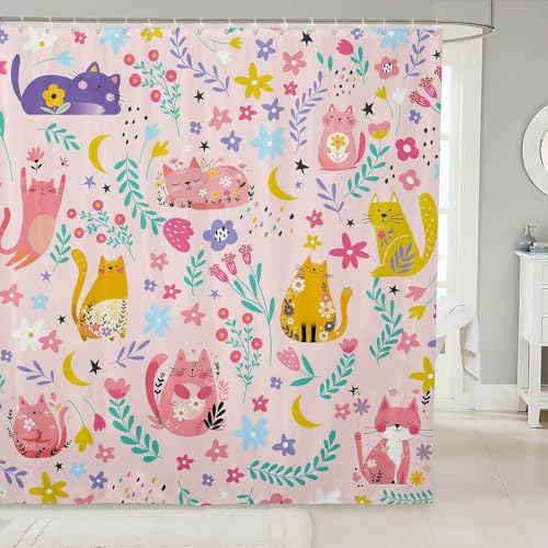 Feelyou Kids Funny Cats Shower Curtain Girls Cute Flower Cartoon Kitty Kitten Bathroom Waterproof Accessories with 12 Hooks 72x78 Inches Animal Theme Girly Kawaii Room Pink Decor