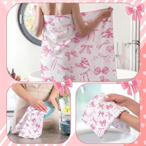 Moukeren Set of 3 Pink Bow Bath Towels, Decorative Towels for Bathroom