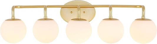 JONATHAN Y 33" Gold Painting Modern Globe Wall Sconce Vanity Light for Bathroom, White Frosted Glass Shade, Midcentury Parisian Bistro Wall Lamp, LED Bulb Included (JYL3559A)