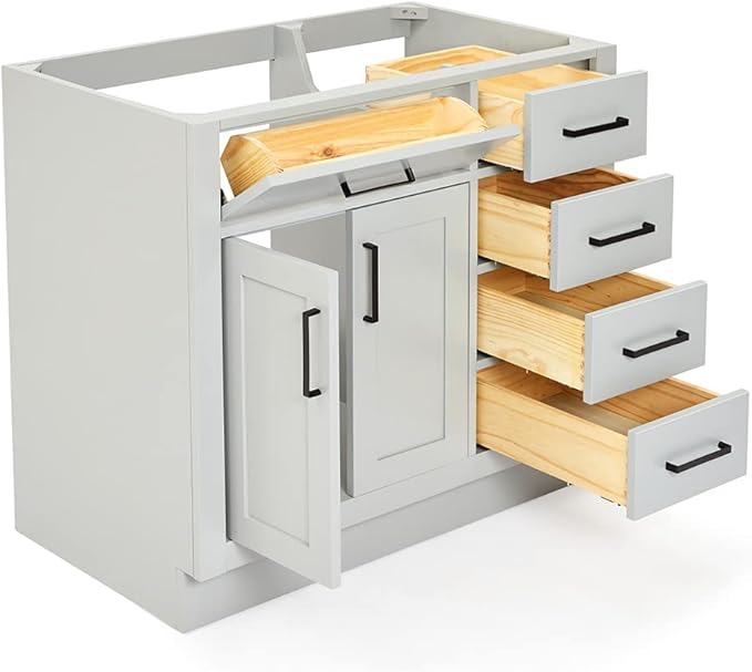 ARIEL Hepburn 36-inch Bathroom Vanity Base Cabinet,Solid Wood, 2 Soft Closing Doors, 5 Dovetail Drawers, Grey
